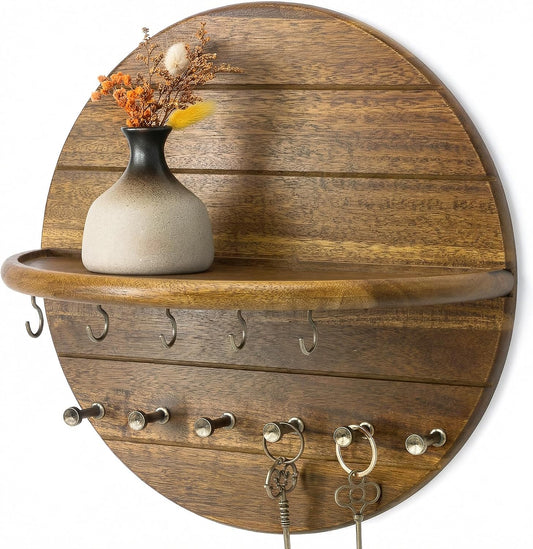 Rebee Vision Pine Wood Round Key Holder Wall Mount for Home Decor, Brown | Round Corner, Key Hooks for Dog leashes & Sunglasses, Display Shelf for Plant & Letters, Mail Organizer, Home Essentials
