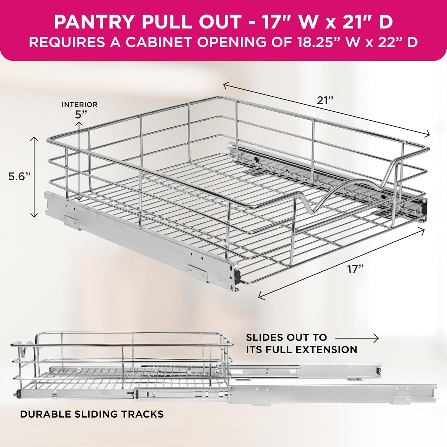 HOLDN’ STORAGE Pull Out Cabinet Organizer, Pantry Drawer, 14"W x 21"D x 5"H | Heavy-Duty Full-Extension, Roll Out Shelf for Pots, Pans & Under Sink Storage, Chrome, Require a 15.25"W Cabinet Opening