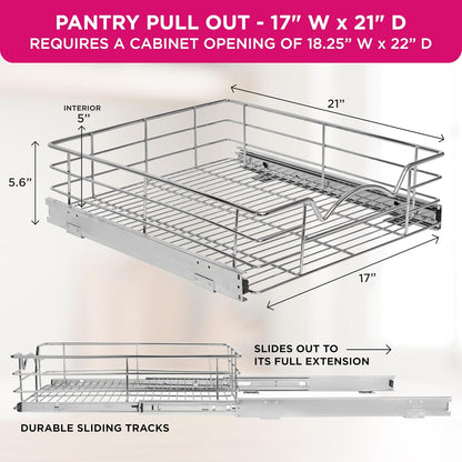 HOLDN’ STORAGE Pull Out Cabinet Organizer, Pantry Drawer, 14"W x 21"D x 5"H | Heavy-Duty Full-Extension, Roll Out Shelf for Pots, Pans & Under Sink Storage, Chrome, Require a 15.25"W Cabinet Opening
