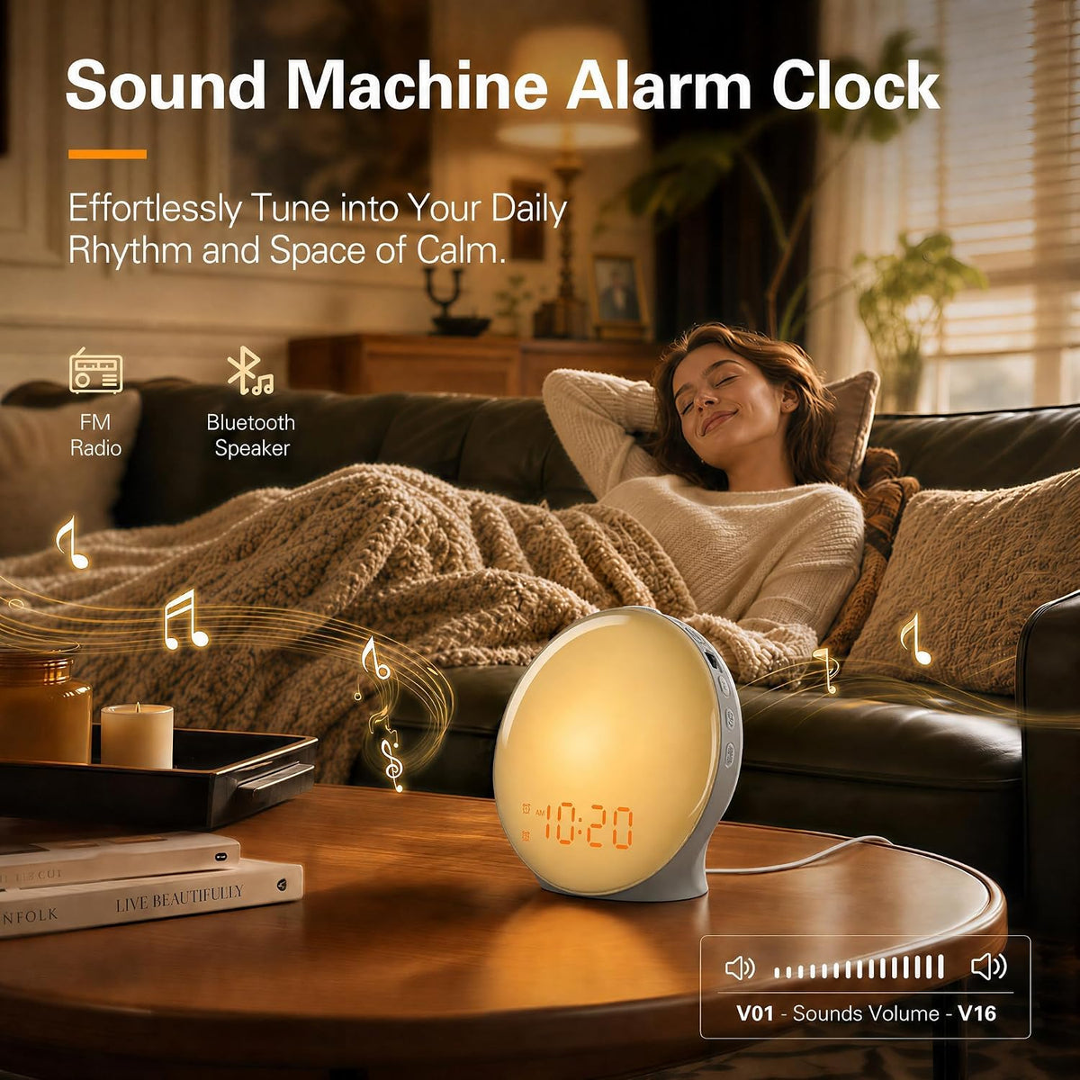 JALL Full-Screen Wake Up Light Sunrise Alarm Clocks for Bedrooms, White Noise Machine for Heavy Sleepers, 25 Natural Sounds, Dual Alarms, FM Radio, 17 Dimmable Colors, Bluetooth Speaker