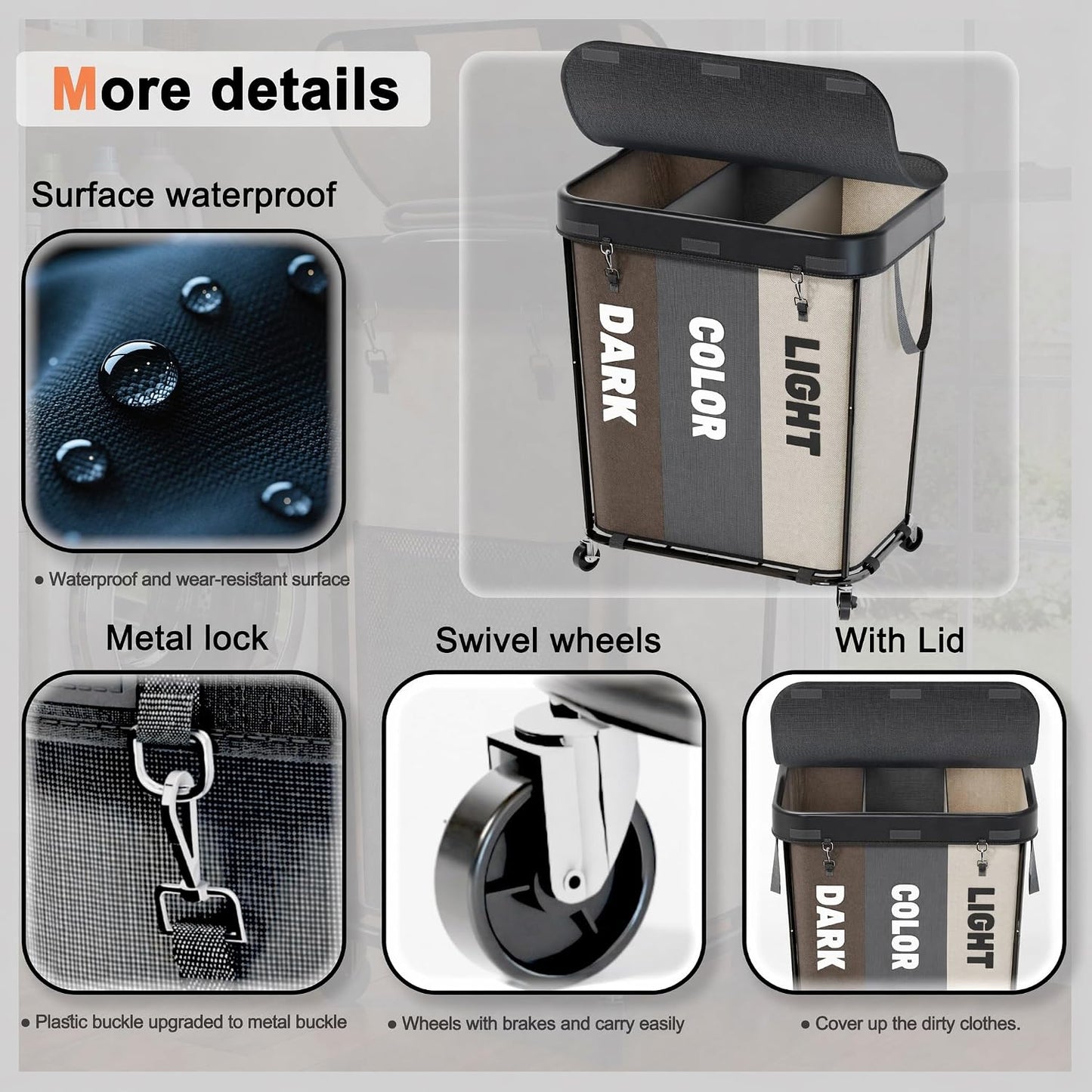 Laundry Sorter with Wheels 240L Rolling Laundry Cart,3 Compartment Designed Removable Laundry Bag for Daily Use in Bathrooms and Laundry Rooms (Brown, 240L)