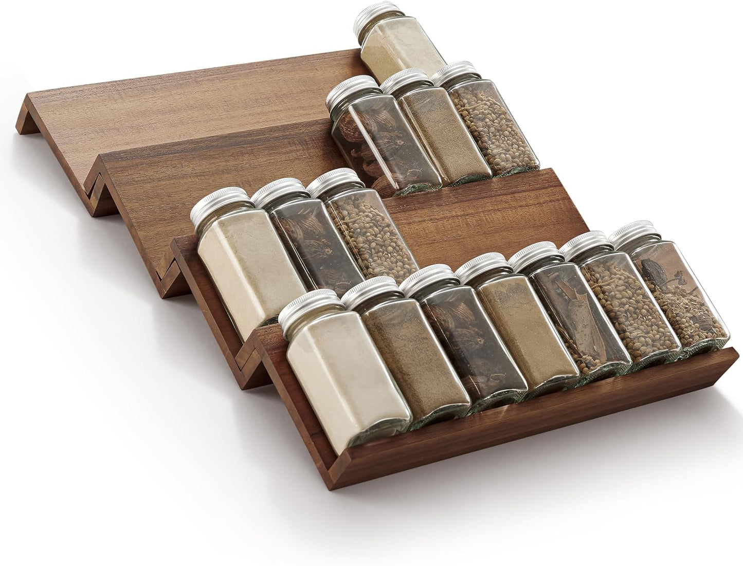 Tinamo Acacia Wood 4-Tier Spice Rack Organizer for Cabinet, Pack of 8 Pcs | Solid Acacia Wood Construction, No assembly, Stackable 4-tray design, Spacious for up to 64pcs 4oz Jars, Easy to Clean