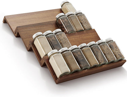 Tinamo Acacia Wood 4-Tier Spice Rack Organizer for Cabinet, Pack of 8 Pcs | Solid Acacia Wood Construction, No assembly, Stackable 4-tray design, Spacious for up to 64pcs 4oz Jars, Easy to Clean