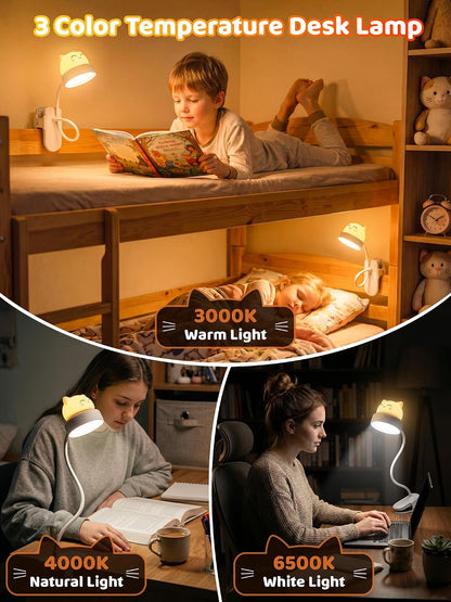 Cat Lamp,Dimmable RGB Clip on Light,Cute Desk Lamp Rechargeable Night Light | 4000mAh Battery Desk Lamp with Clamp,Cordless & Wireless Clip on Night Light for Kids/Toddle/Baby,Bed Headboard/Bedside/Table