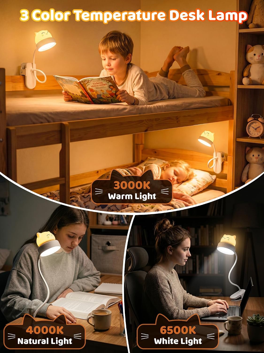 Cat Lamp,Dimmable RGB Clip on Light,Cute Desk Lamp Rechargeable Night Light