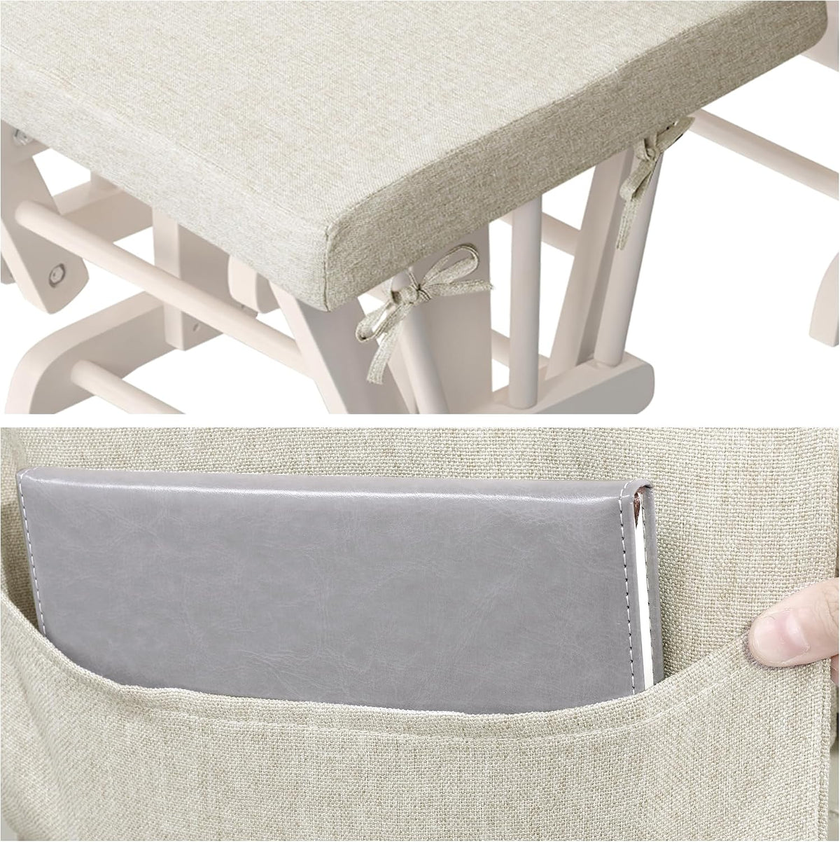 HOMBYS Glider Rocker Replacement Cushions with Storage Side Pocket,Linen-Like Fabric, Foam & Microfiber Filling, Non-Slip & Washable,Thickened & Supportive for Glider Rocking Chair (Khaki)