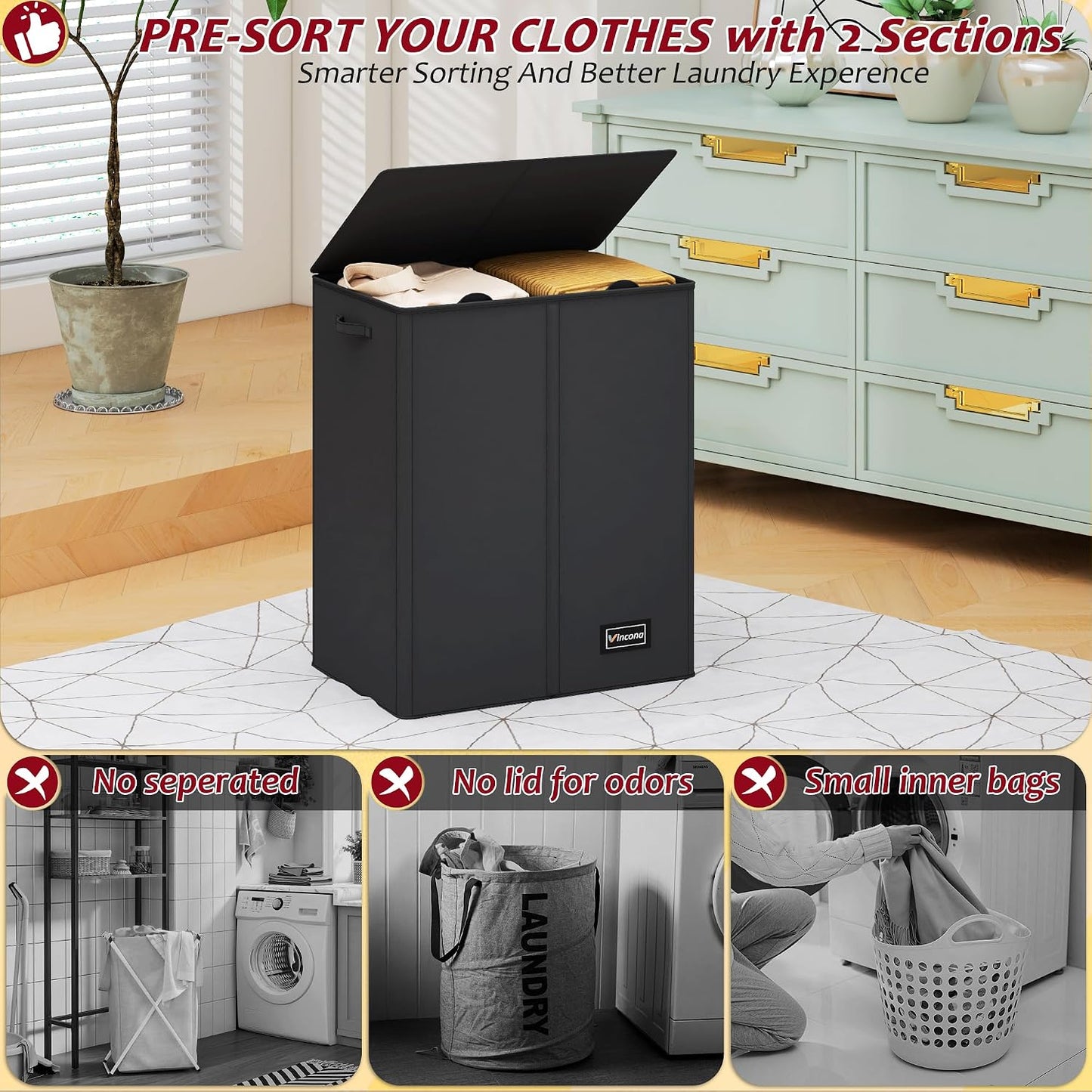 195L Laundry Hamper 3 Section,Large Laundry Hamper with Lid,Dirty Clothes Hamper with 3 Inner Bags,Collapsible Laundry Basket Organizer for Laundry Room,Bedroom,Laundry Sorter Hamper 3 Compartment