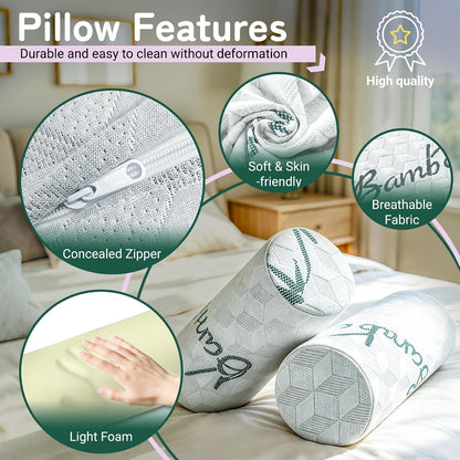 Cervical Roll Pillow, Cylinder Neck Pillow with Removable Washable Cover | 2 Pack Round Bolster Pillow for Neck, Back, Leg, and Knee Support, 5" x 17"