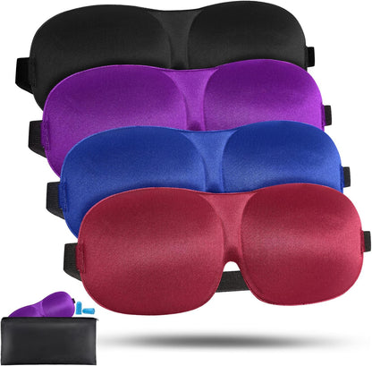 4 Pack Sleep Mask for Women and Men Adjustable Blackout 3D Eye Masks for Sleep, Blindfold with Storage Bag and Earplug for Travel Nap and Night (Black, Purple, Blue, Gray)