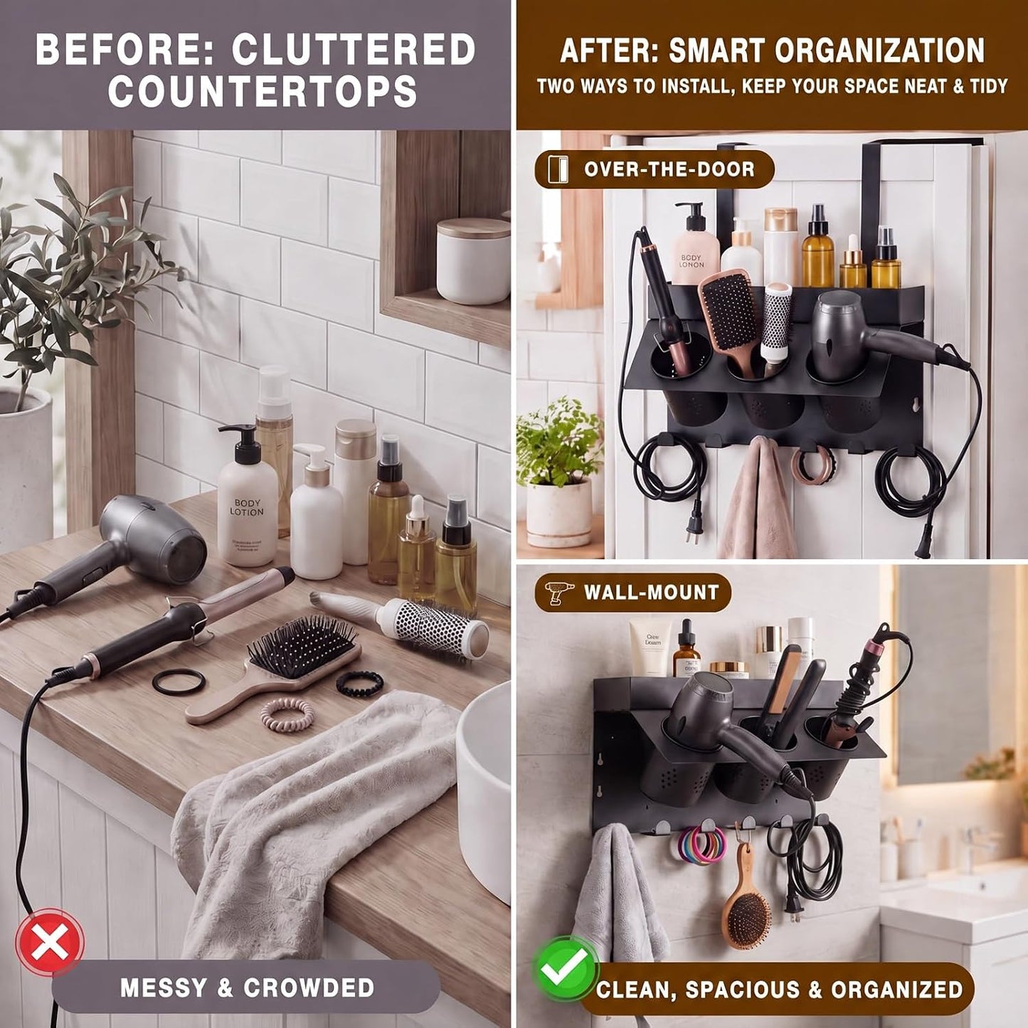 Hair Tool Organizer Wall Mount Hair Dryer Holder for Cabinet Door | 6 Hooks Adjustable Height 3-in-1 Blow Dryer Holder for Bathroom Storage Heat Resistant Styling for Flat Iron Curling Iron