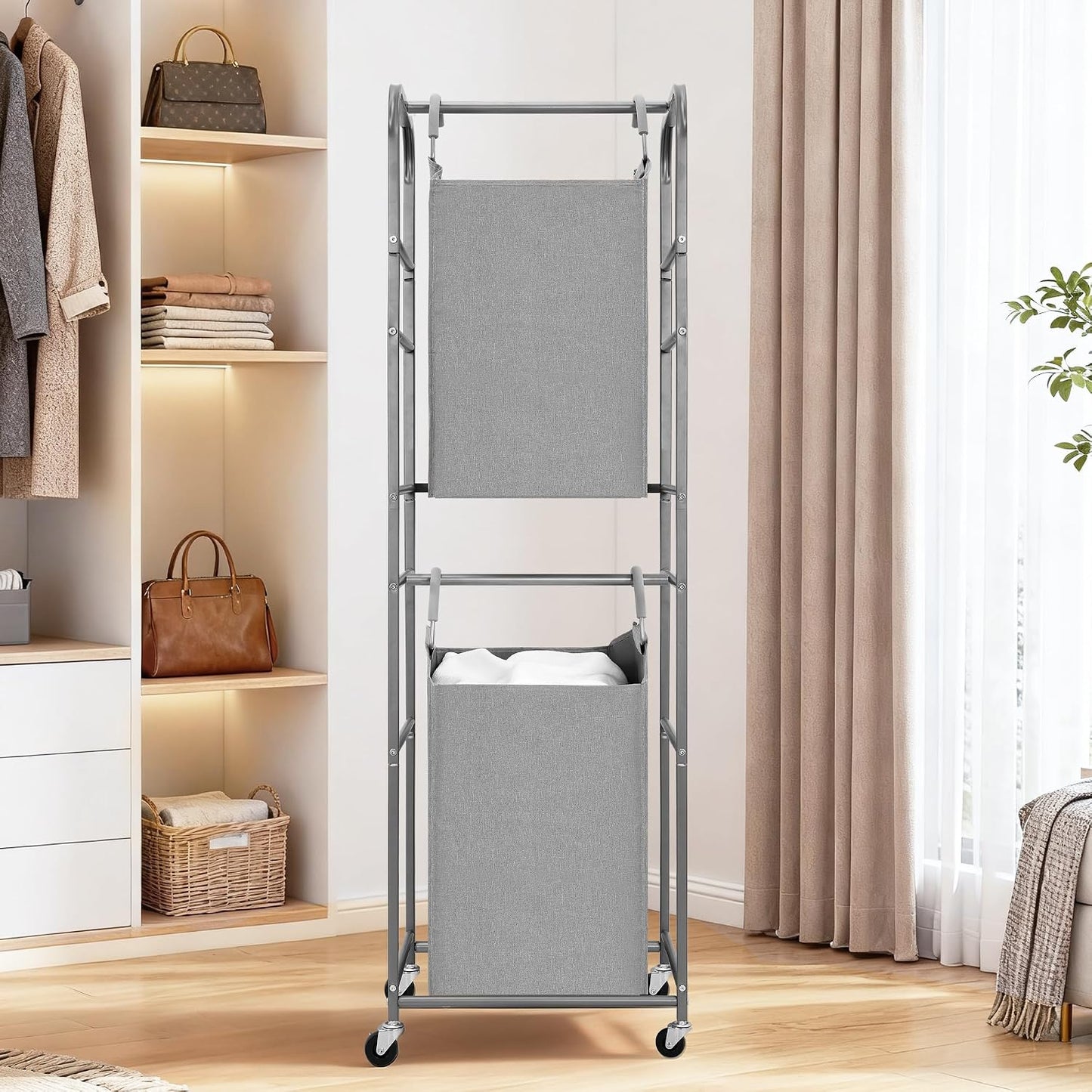 STORAGE MANIAC 2 Tier Vertical Laundry Hamper, 2 Section Laundry Sorter with 2 Removable Tote Bags, Rolling Clothes Basket for Towels, Blankets, Tall Dirty Clothes Hamper for Closet, 2 Bags Gray