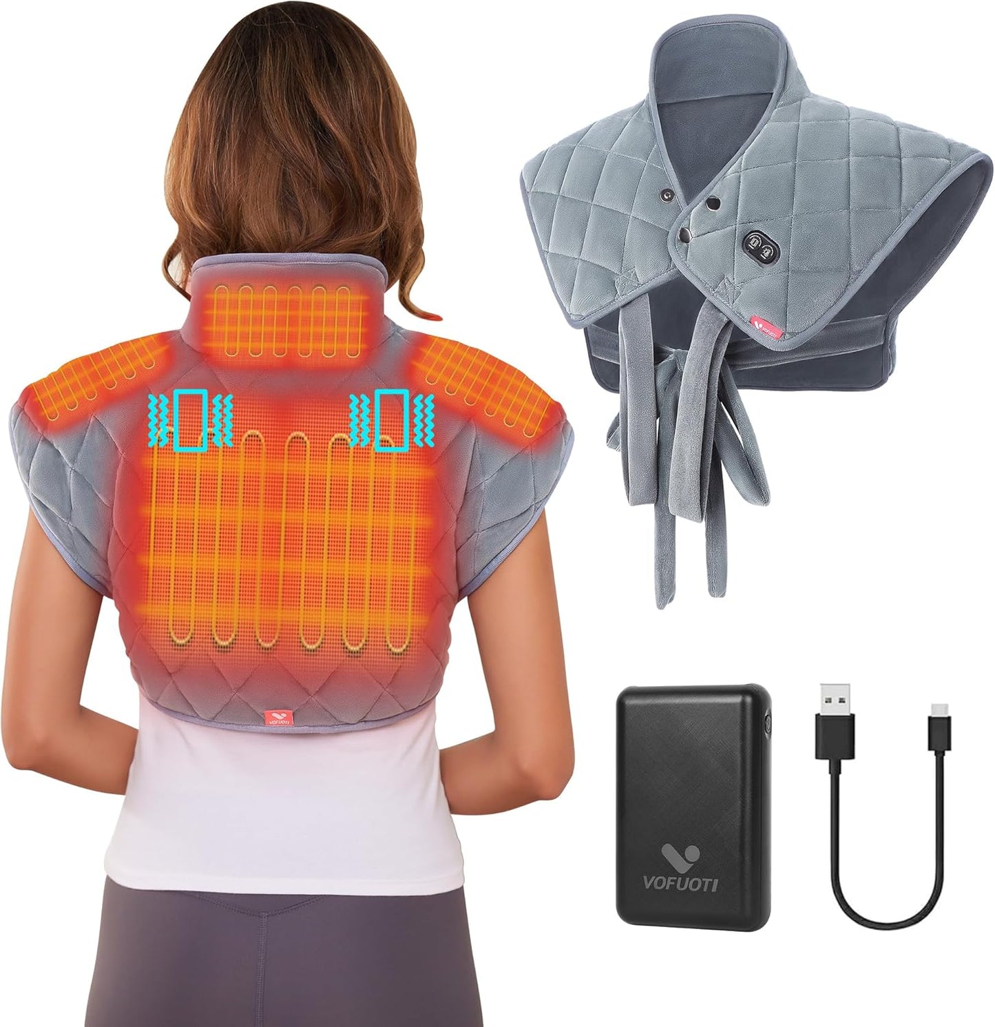 Vofuoti Portable Cordless Heating Pad for Neck and Shoulders with Massager | 12V 15000mAh Battery and 3 Heat Settings, Weighted Electric Rechargeable Heated Neck Shoulder Wrap, 2.6lbs, Gift for Family