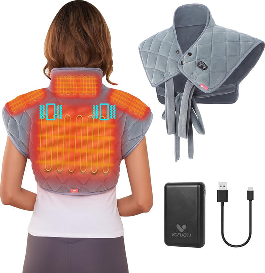 Vofuoti Portable Cordless Heating Pad for Neck and Shoulders with Massager | 7.4V 10000mAh Battery and 3 Heat Settings, Weighted Electric Rechargeable Heated Neck Shoulder Wrap, 2.2lbs, Gift for Family