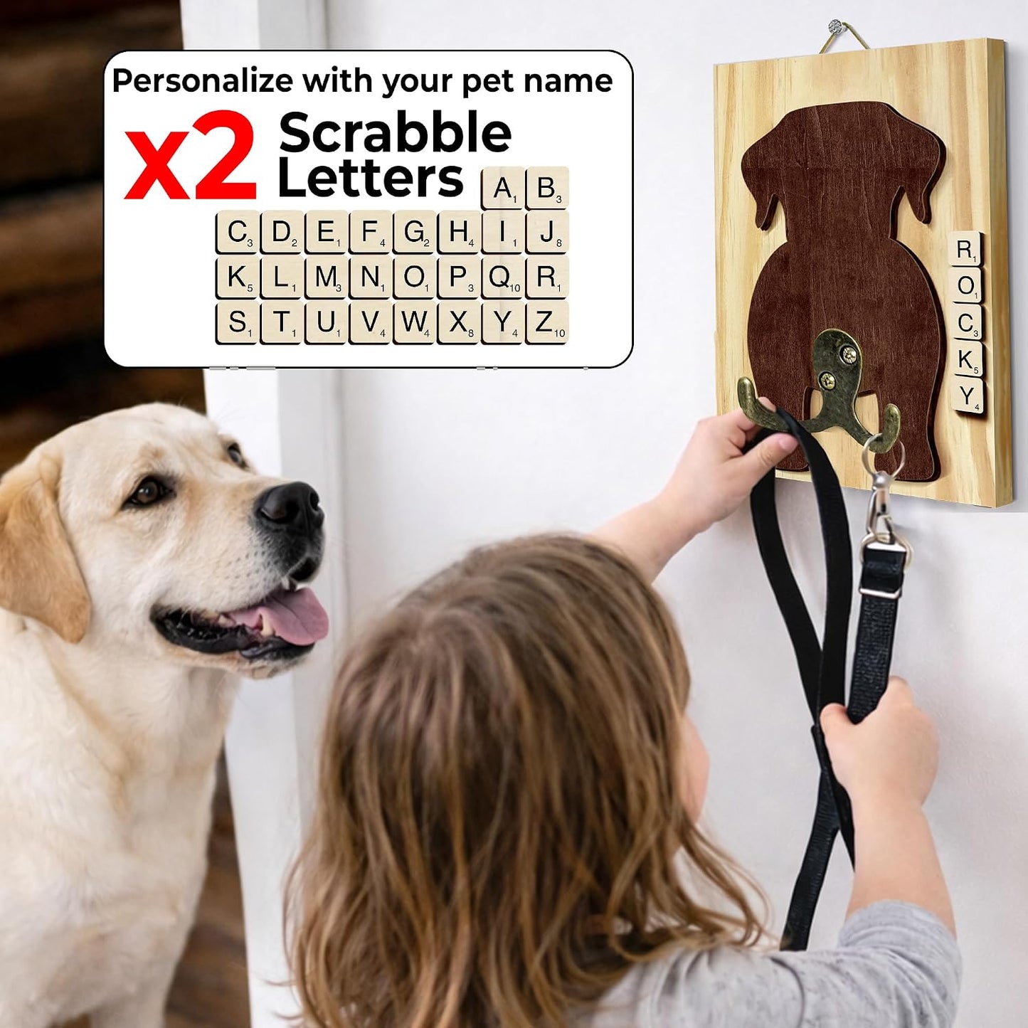 Dog Leash Holder Wall Mount, Pet Harness Hanger with Scrabble Letters, Dog Collar Organizer for Entryway, Memorial Cat Leash Holder for Wall, Pet Loss Gifts, Keepsake, Home Decor PF212-NAT