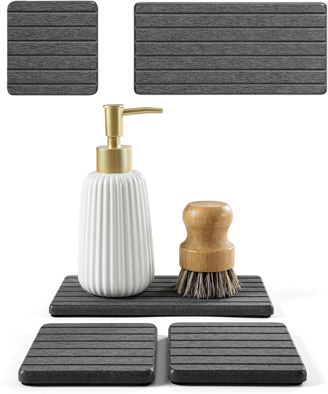 3 Pack Water Absorbent Diatomite Coasters, Stone Drying Mat for Kitchen Counter, Bathroom Sink Organizer Tray, Compact Vanity Rack, Soap Holder Caddy, Faucet Splash Guard, White 8"x3.8"