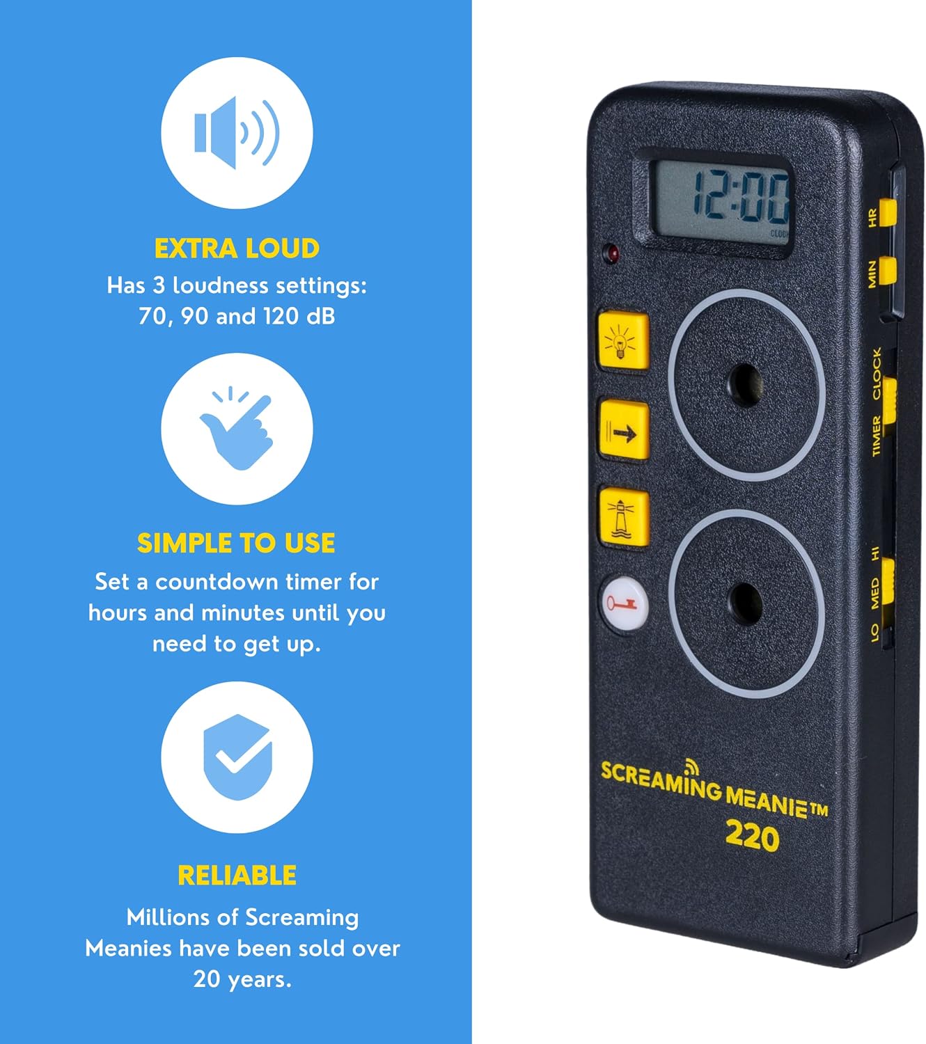 Screaming Meanie 220 Alarm Clock & Time for Deep Sleepers, Black | Extremely Loud Multi-Purpose Clock with three adjustable alarm volume levels (70, 90, and 120 dB), includes 9V battery.