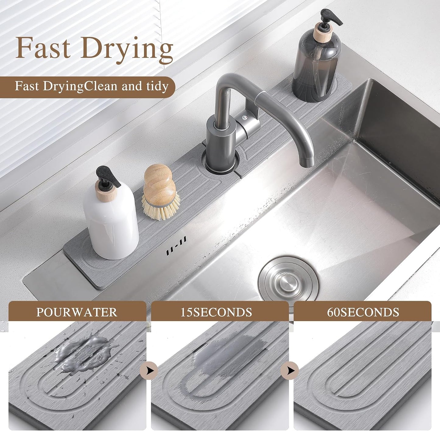 Diatomite Faucet Mat for Kitchen Sink, Quick-Dry Stone-Like Sink Mat, Flat Lay Absorbent Countertop Drying Mat for Faucet Area, Hard Diatomite Mat, Gray, 23.6 x 4 in