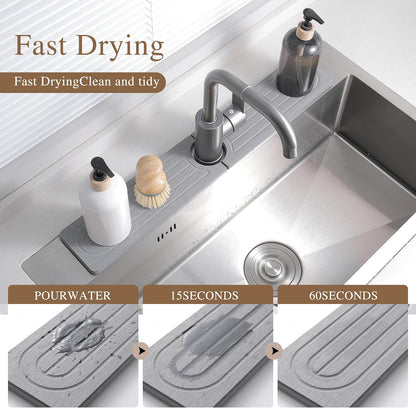Diatomite Faucet Mat for Kitchen Sink, Quick-Dry Stone-Like Sink Mat, Flat Lay Absorbent Countertop Drying Mat for Faucet Area, Hard Diatomite Mat, Gray, 23.6 x 4 in