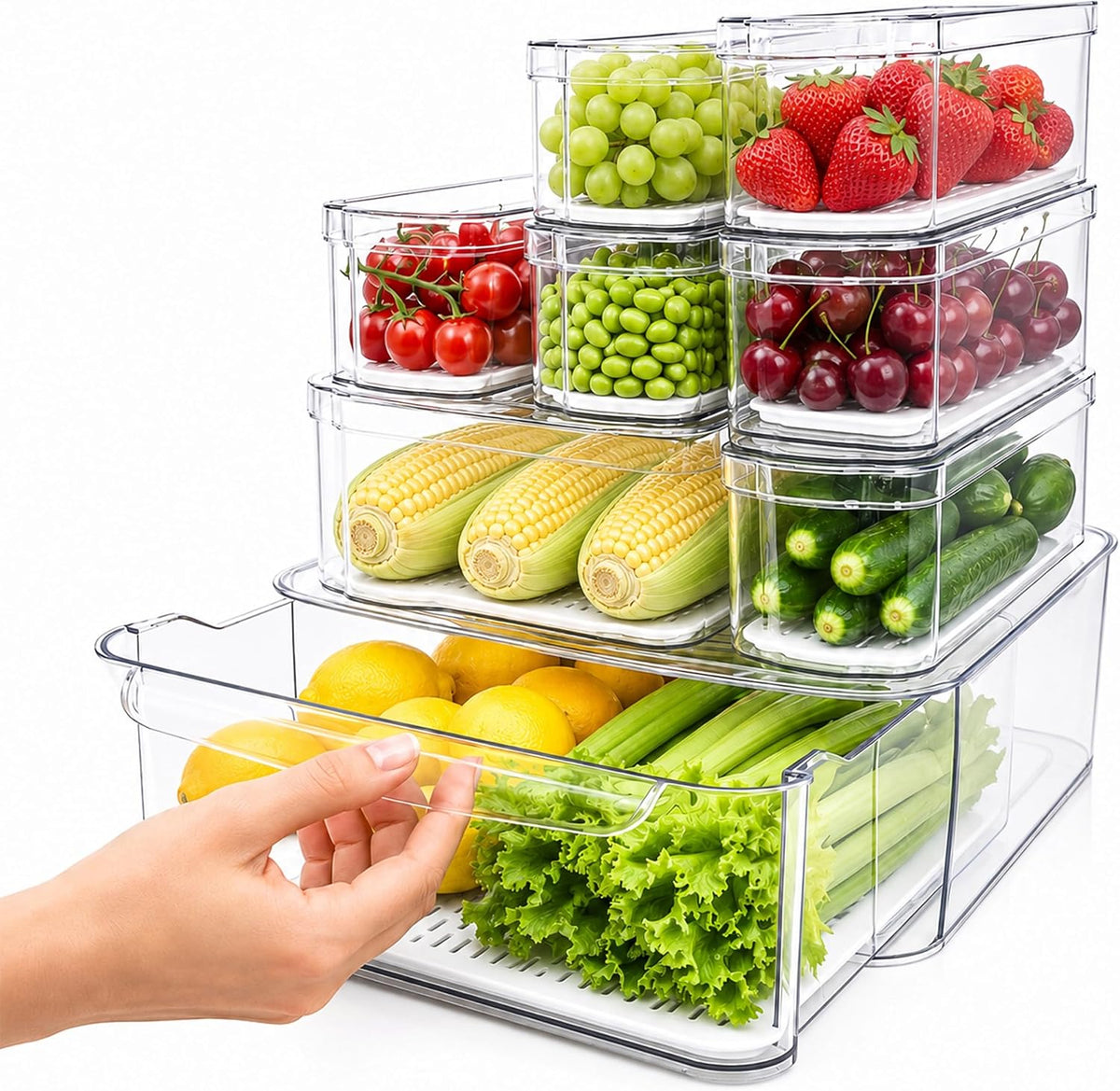 SMRCAD Clear Fridge Bins with Drain Trays - BPA-Free PET, Stackable