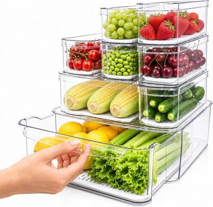 SMRCAD Clear Fridge Bins with Drain Trays - BPA-Free PET, Stackable