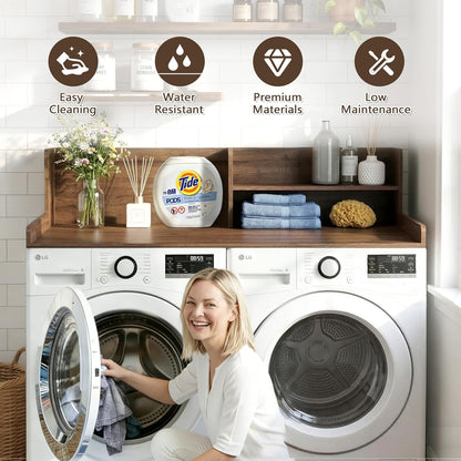 2-Tier Washer Dryer Countertop with Shelves & Metal Hooks, 27" W x 27.5" D Large Laundry Topper for Room Organization & Folding Clothes & Storage(Oak)