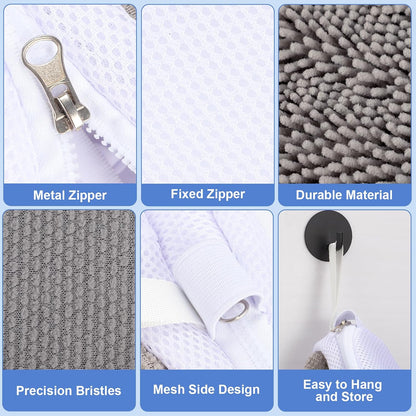 2 PCS Shoe Washing Machine Bags for Washer and Dryer, Grey + White | Reusable Laundry Shoe Bag, Hands Free, Hidden Self-locking Zipper, 360° Deep Cleaning, For Sneakers and All Shoes Types