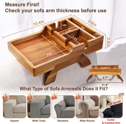 Couch Armrest Table, Acacia Wood Sofa Arm Table with 2 Cup Holders, 15.4"x9.8" Large Foldable Clip on Couch Arm Tray Table with Remotes Storage Slot