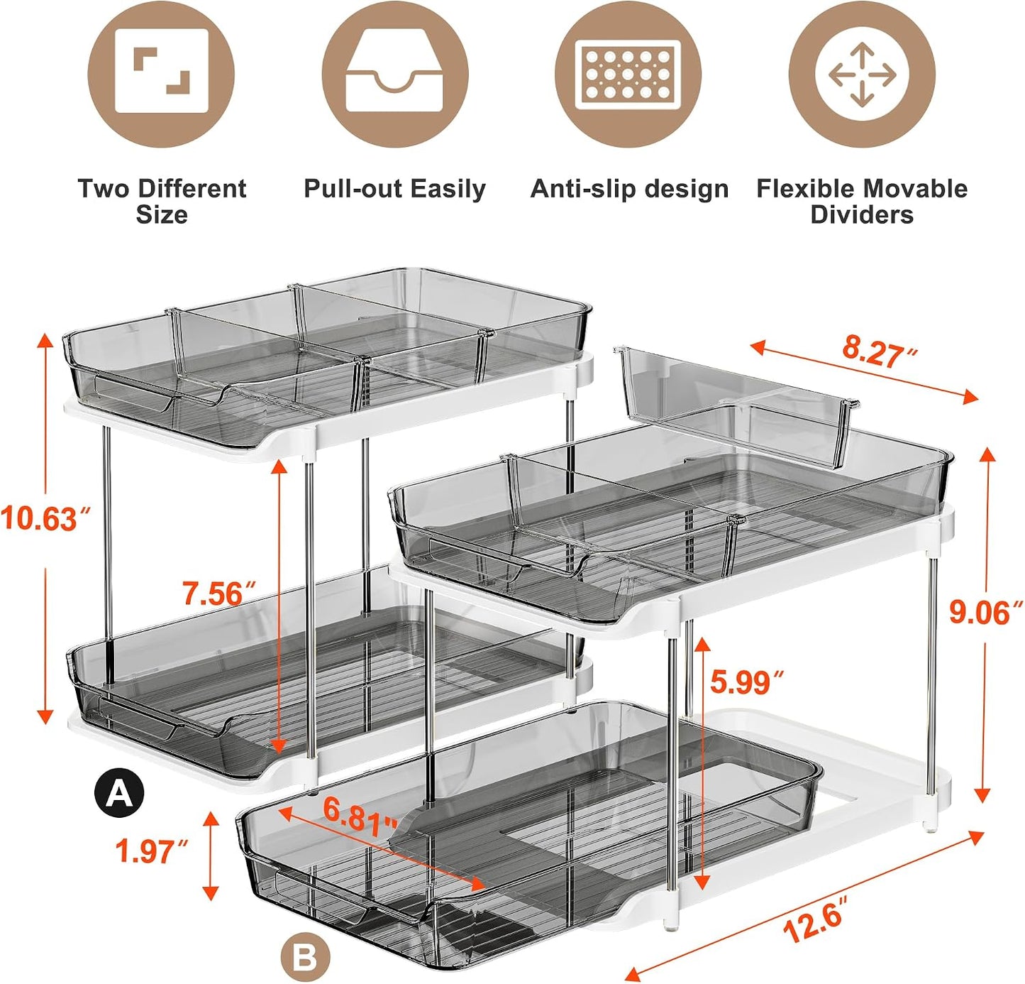 Delamu 2-Tier Multi-Purpose Bathroom Under Sink Organizers and Storage, Stackable Kitchen Pantry Organization, Pull Out Medicine Cabinet Organizer with Movable Dividers, White, 2 Pack