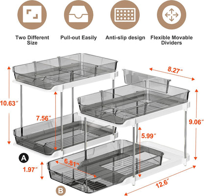 Delamu 2-Tier Multi-Purpose Bathroom Under Sink Organizers and Storage, Stackable Kitchen Pantry Organization, Pull Out Medicine Cabinet Organizer with Movable Dividers, White, 2 Pack