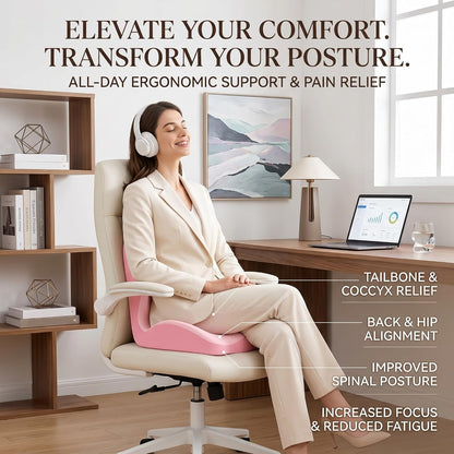 Ergonomic Seat Memory Foam Support Cushion for Back, Car Seat Back Support Cushion for Sciatica Tailbone Pain, Office Desk Chair Car Travel Seat Cushion (Pink)