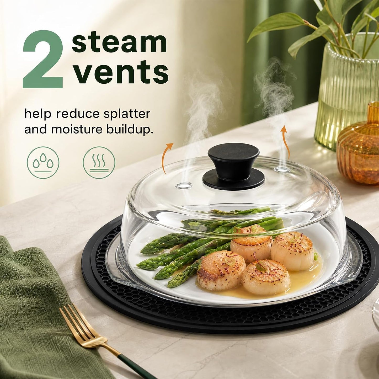 10-Inch Glass Microwave Splatter Cover with 2 Steam Vents and Silicone Mat | Clear Borosilicate Glass, Easy-Grip Silicone Knob with Ceramic Screw, Fits Most Dinner Plates and Bowls