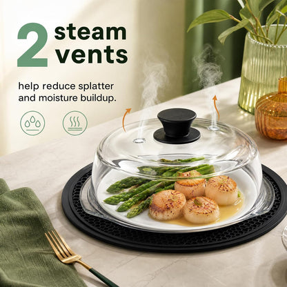 10-Inch Glass Microwave Splatter Cover with 2 Steam Vents and Silicone Mat | Clear Borosilicate Glass, Easy-Grip Silicone Knob with Ceramic Screw, Fits Most Dinner Plates and Bowls