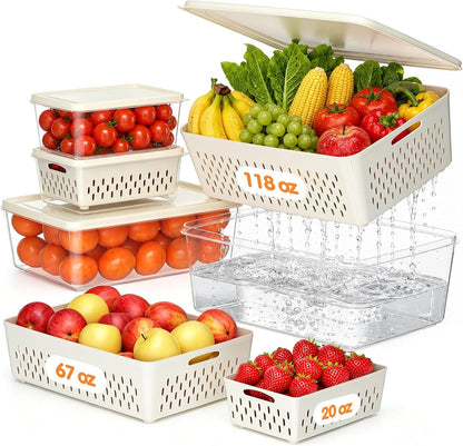 Fruit Storage Containers for Fridge, 4 Pack Plastic Food Storage Container | Fruit Containers Set with Removable Colander, Produce Saver Keep Berry Fruits Vegetables Meet Fresh Longer, Dishwasher Safe
