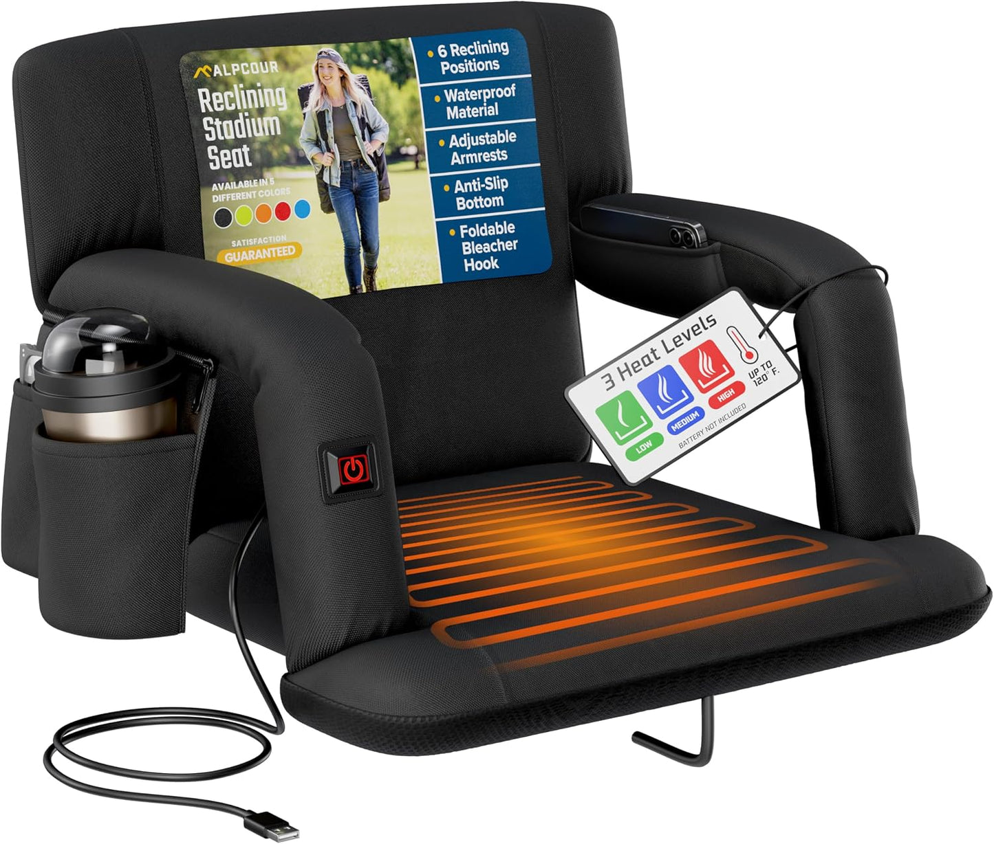 Heated Reclining Stadium Seat for Bleachers – Wide Bleacher Chair with Back Support and Cushion, Armrests, Side Pockets, & Hook – Stadium Seats Chairs for Camping, Kayak, Paddle Board & More