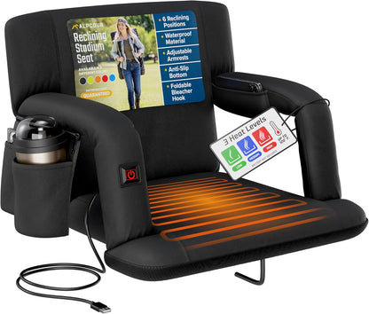 Heated Reclining Stadium Seat for Bleachers – Wide Bleacher Chair with Back Support and Cushion, Armrests, Side Pockets, & Hook – Stadium Seats Chairs for Camping, Kayak, Paddle Board & More