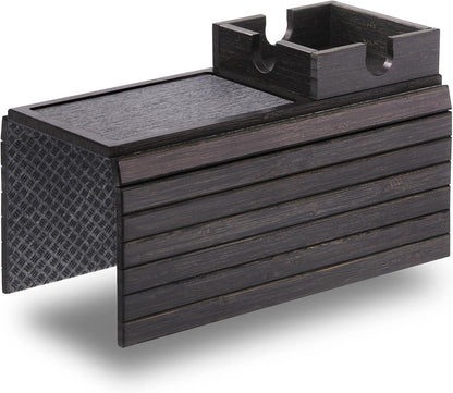 Detor Couch Cup Holder Tray with Super Anti-Slip Pad, Large 4.5" x 4.5" Organizer, Brown-Stained Bamboo Finish, Enhanced Non-Slip Felt Base, Durable Bamboo Slats, Fits Armrests 5.5" and Wider