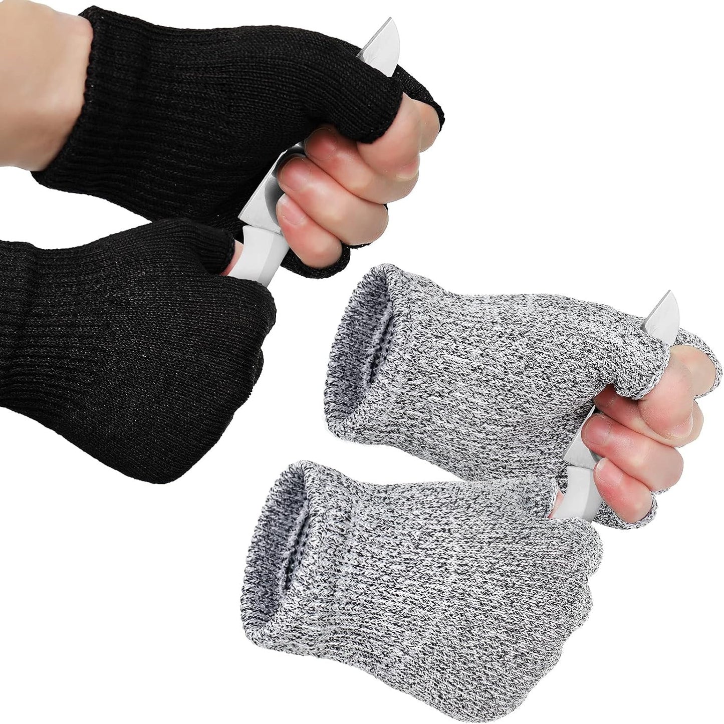 Geyoga 2 Pair Fingerless Cut Resistant Gloves Kitchen Cutting Glove Food Grade Gloves for Chef Mandolin Slicing(Grey and Black)