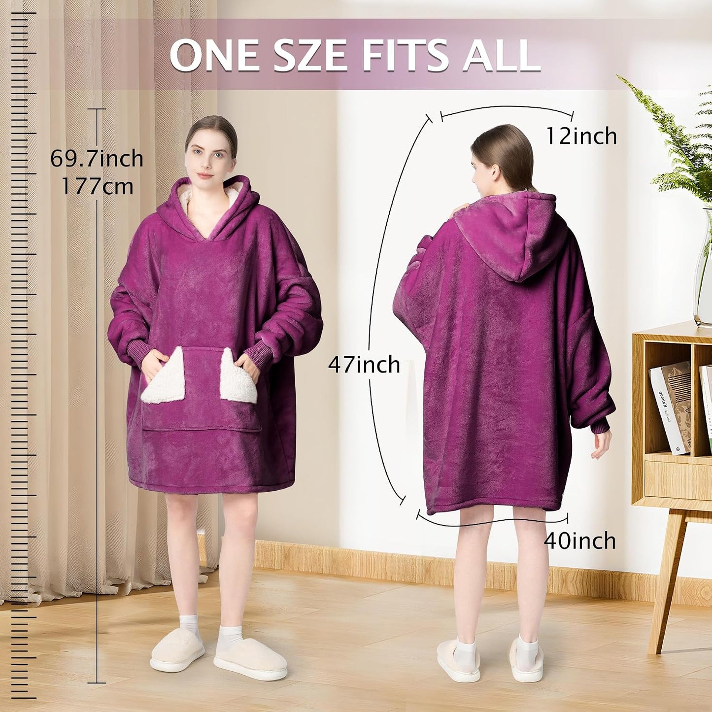 Wearable Blanket Hoodie, Oversized Sherpa Fleece Sweatshirt Blanket with Giant Hood Pocket and Sleeves for Adult, Warm & Cozy Grey Blanket Gifts for Women