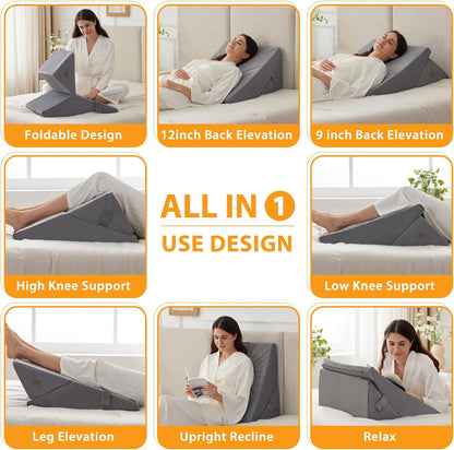 Ruqmuis Wedge Pillow Set for After Surgery, 3PCS Adjustable 9&12 Inch Bed Wedge Pillow for Sleeping, Incline Pillow Wedge for Headboard, Post Surgery, Acid Reflux, Neck&Back Support, White/Grey