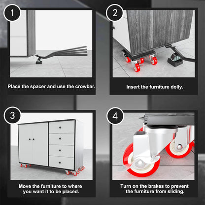 1,500 lb Capacity Furniture Dolly Set, 5.3-Inch Platforms, Red | Carbon Steel Dollies Feature Five Quiet Wheels, Including Locking Casters, Plus a Pry Bar for Washers, Sofas and Cabinets.