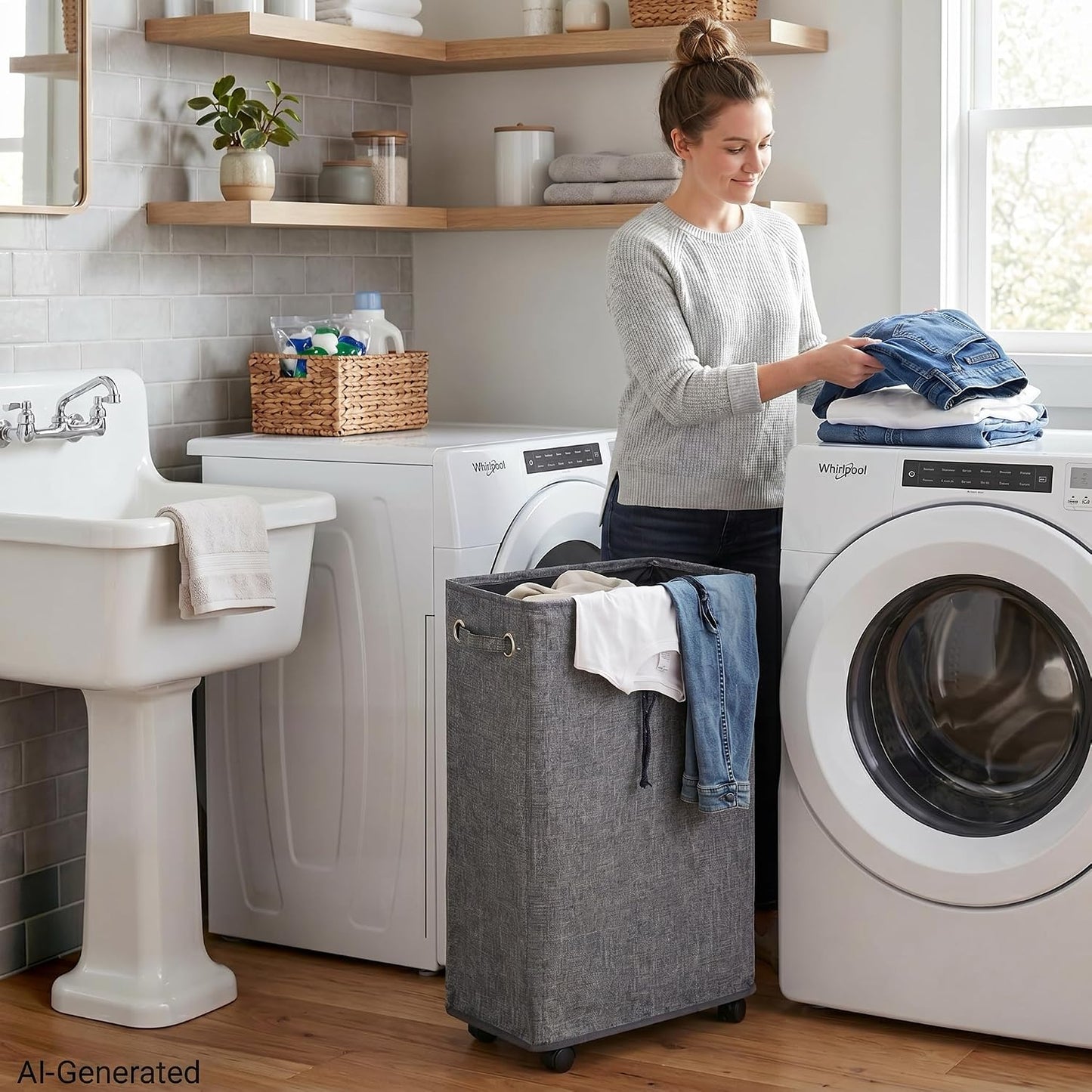 DOKEHOM 25" Slim Rolling Laundry Basket Hamper, Narrow on Wheels, Grey | Collapsible narrow laundry hamper with mesh drawstring closure. Foldable corner clothes storage bin for small spaces