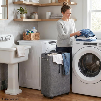 DOKEHOM 25" Slim Rolling Laundry Basket Hamper, Narrow on Wheels, Grey | Collapsible narrow laundry hamper with mesh drawstring closure. Foldable corner clothes storage bin for small spaces