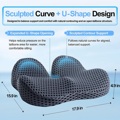 Ergonomic Memory Foam Seat Cushion Hemorrhoid Pillow for Hip Sciatica and Tailbone Pain Relief for Office Chair Car and Home (Black)
