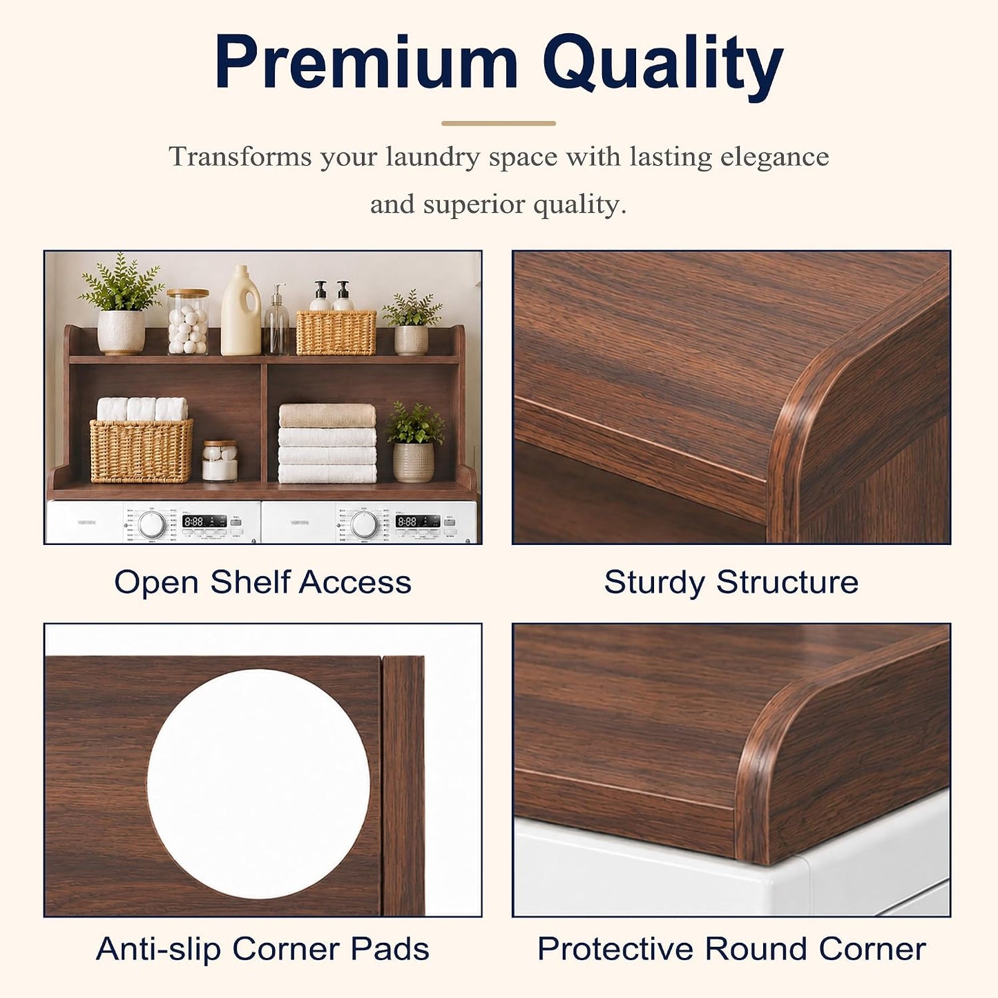 Royxen Washer Dryer Countertop with Extra Tall Shelf, 19" Height Washer and Dryer Topper, Laundry Countertop with Non-Slip Pads, Universal Fit for Laundry Room Organization, Walnut