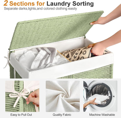 WOWLIVE Double Laundry Hamper with Wheels, Handwoven Rolling Laundry Basket | 115L Dirty Clothes Hamper with Lid, Removable Liner Bag, Large Capacity Laundry Sorter Laundry Room Organization, Green