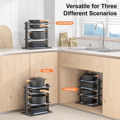 LAMU Pots and Pans Organizer for under Cabinet, 6-Tier Heavy Duty Pan Pot Organizers inside Cabinet Adjustable 14 to 24.57", Pot Rack Kitchen Cabinet Organization and Storage Holds up to 12" Cookware