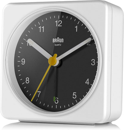 Braun Classic Analogue Alarm Clock with Snooze and Light, Quiet Quartz Sweeping Movement, Crescendo Beep Alarm in White, Model BC03W.