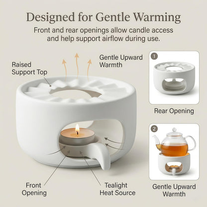 Ceramic Teapot Warmer with Removable Candle Spoon, Tea Pot Warmer Base | Deep matte black finish; 4.72 in low-profile base fits flat-bottom glass or ceramic teapots and uses a standard tealight.