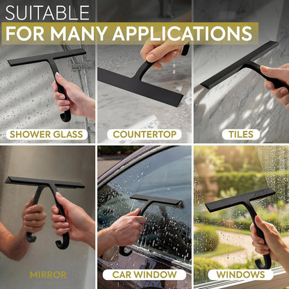 Shower Squeegee for Glass Doors, 10″ Black with No-Drill J-Hook | Hang Anywhere Without Adhesive, Seamless One-Piece Silicone, Encased Steel Core, Streak-Free Shower Squeegee for Glass & Tile