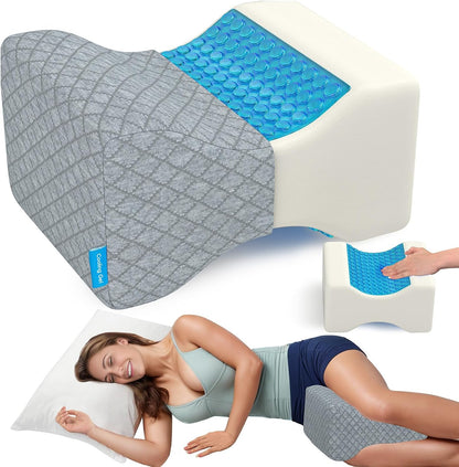 CloudBliss Cooling Gel Knee Pillow for Side Sleepers, Memory Foam, White | Contoured leg pillow, high-density foam, removable machine-washable cover, breathable fabric, hip and knee support